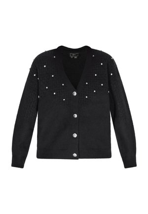 Cardigan nero con scollo a V, in tessuto testurizzato, decorato con piccoli chiodini argentati e sei bottoni argentati sul davanti.