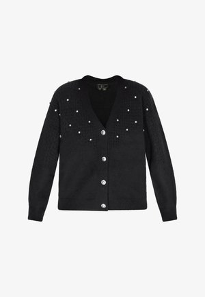 Cardigan nero con scollo a V, in tessuto testurizzato, decorato con piccoli chiodini argentati e sei bottoni argentati sul davanti.