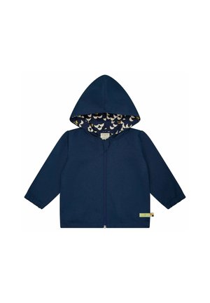 Marineblauw kinderjack met rits en kap, gevoerd met een patroonstof met witte en gele maansikkels.