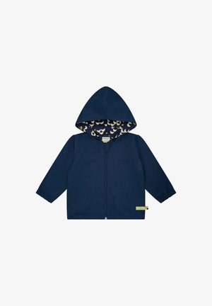 Marineblauw kinderjack met rits en kap, gevoerd met een patroonstof met witte en gele maansikkels.