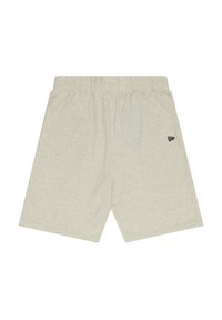 Light gray cotton shorts with an elastic waistband. Simple design, straight cut, featuring a small black logo on the left side.