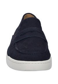 Navy blue suede slip-on shoe with white rubber sole, featuring dual elastic bands across the vamp and subtle stitching details.