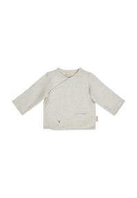 Helles graues langärmliges Wickelhemd mit gesprenkelter Textur, einer kleinen Vordertasche und einem kreisförmigen Bärenkopf-Design auf der Tasche.