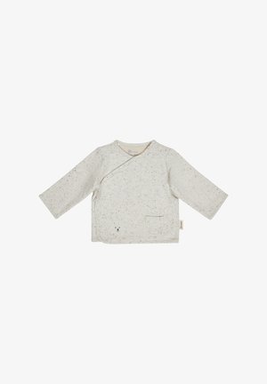 Light gray long-sleeve wrap shirt with speckled texture, a small front pocket, and a circular bear face design on the pocket.