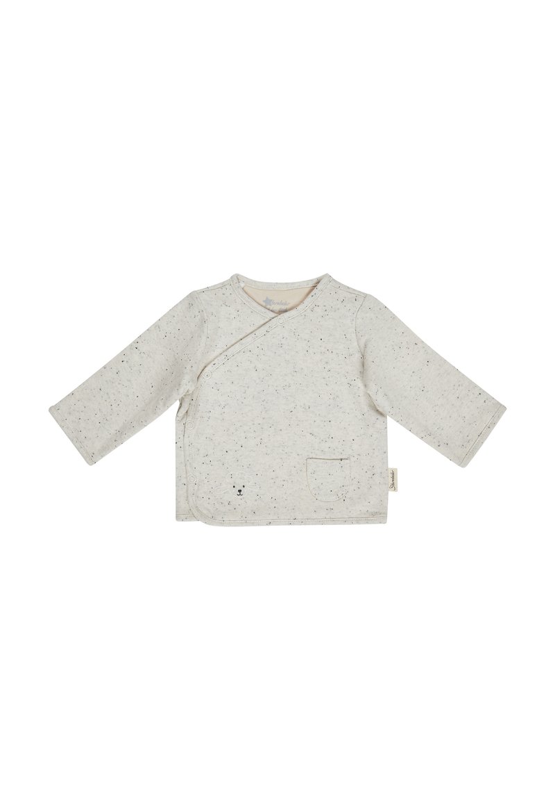 Helles graues langärmliges Wickelhemd mit gesprenkelter Textur, einer kleinen Vordertasche und einem kreisförmigen Bärenkopf-Design auf der Tasche.