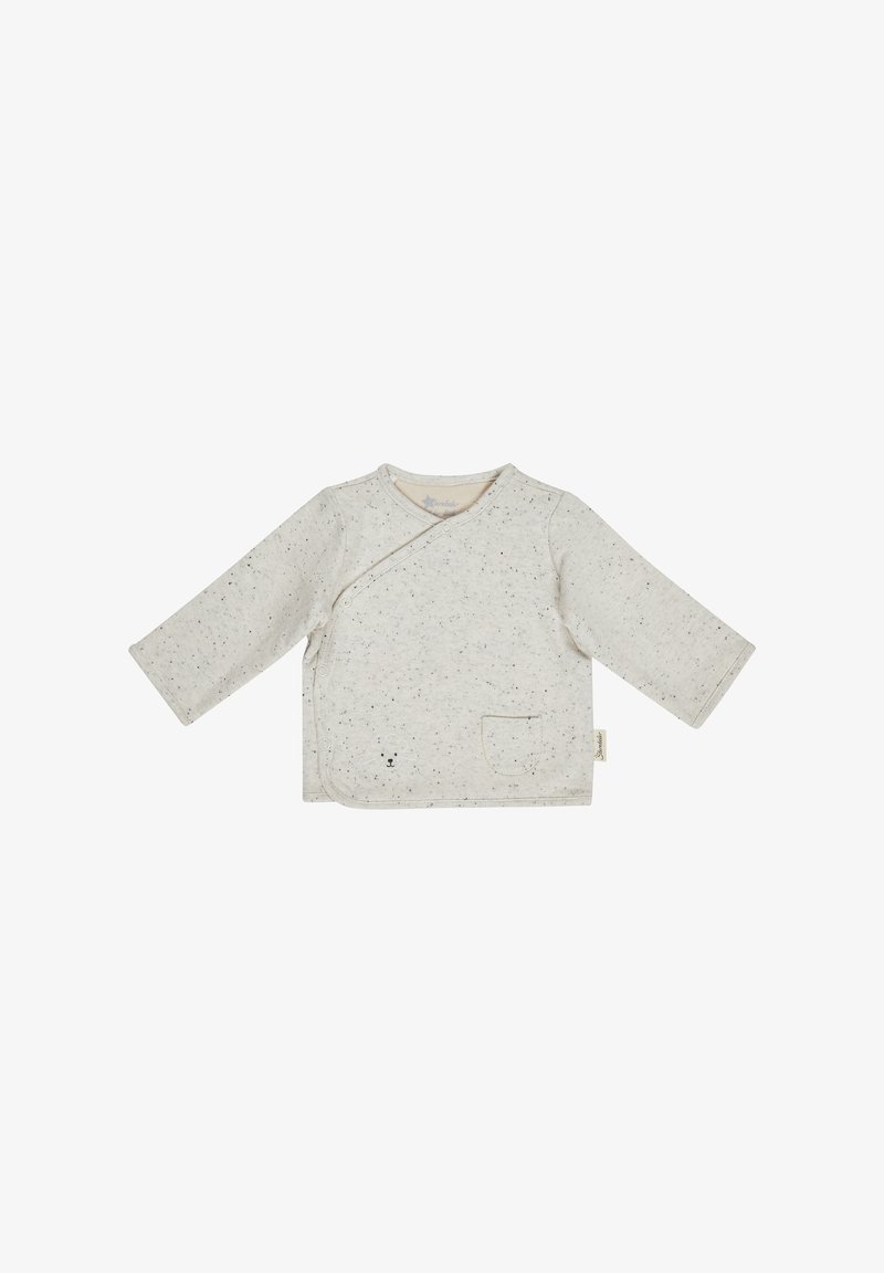 Helles graues langärmliges Wickelhemd mit gesprenkelter Textur, einer kleinen Vordertasche und einem kreisförmigen Bärenkopf-Design auf der Tasche.