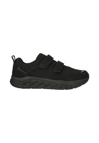 Chaussure de sport noire avec deux bandes velcro, dessus en mesh et daim, semelle épaisse et languette de tirage au talon, vue de côté.