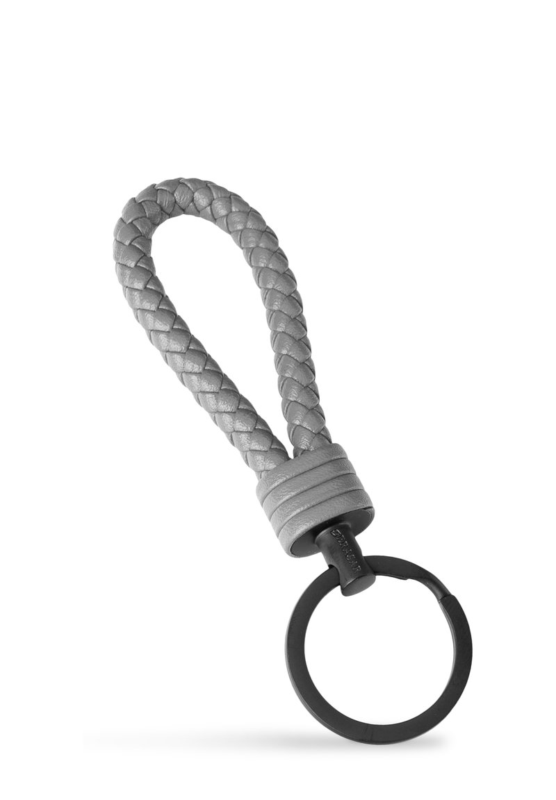Braided leather loop keychain with black metal ring and wrapped leather detail at the base of the loop.