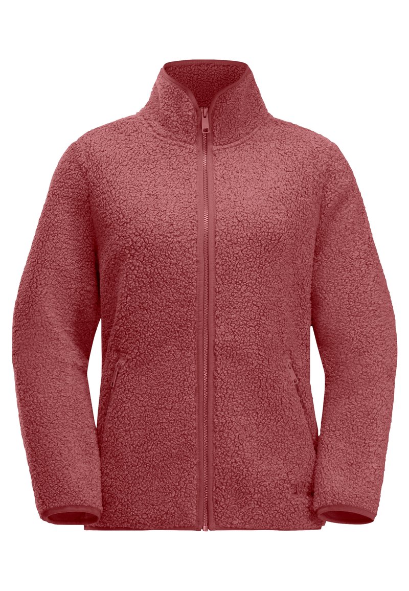 Fleece jacket in dusty rose color with a high collar, full zip closure, and side pockets. Soft, textured fabric with a cozy appearance.
