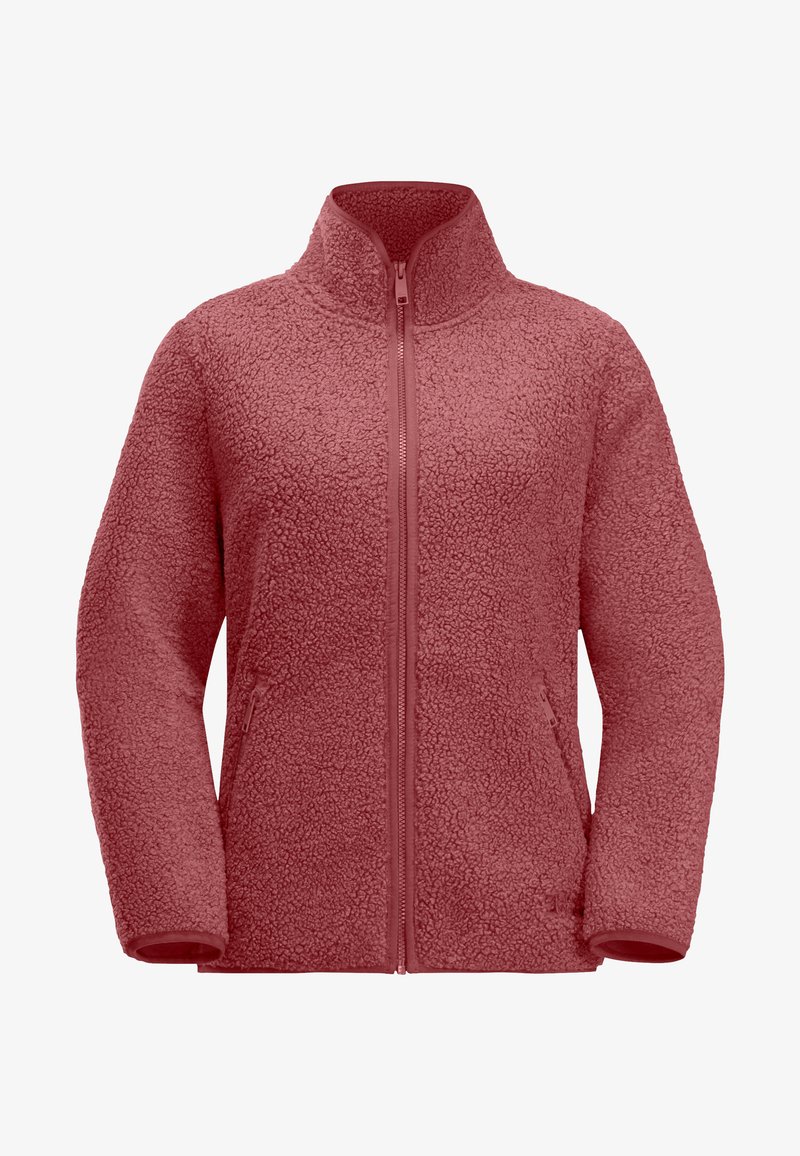 Fleece jacket in dusty rose color with a high collar, full zip closure, and side pockets. Soft, textured fabric with a cozy appearance.