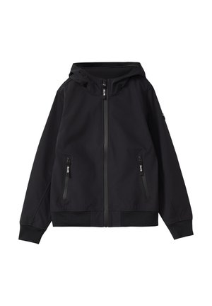 Zwarte capuchonvest met ritssluiting en twee voorzakken met rits, en geribbelde manchetten, weergegeven tegen een witte achtergrond.