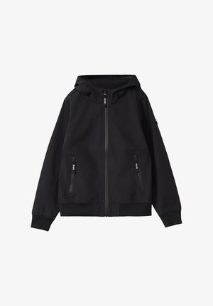 Czarna kurtka z kapturem na zamek, z dwoma kieszeniami z przodu na zamek i ściągaczami przy mankietach, przedstawiona na białym tle.