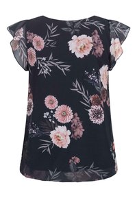Blouse noire à motifs floraux avec des manches courtes évasées, motifs floraux roses et sombres, et tissu doux avec une coupe légèrement ample.
