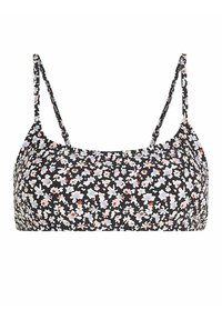 Top bikini floreale con spalline sottili regolabili. Sfondo nero con piccoli disegni floreali bianchi, blu e rosa. Tessuto morbido con una texture liscia.