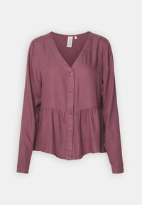 Blusa con maniche lunghe a peplum, in rosa spento, con scollatura a V, vita gathered e tessuto morbido e liscio.