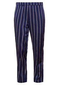 Námořnické modré kalhoty s vertikálními pruhy v krémové a světle modré barvě. Mají elastický pas a štíhlý, taperovaný střih.