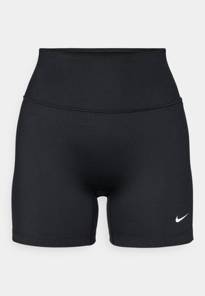 Shorts de sport noirs en tissu extensible, dotés d'une taille haute, d'une texture lisse, et d'un petit logo Nike blanc sur le côté inférieur droit.