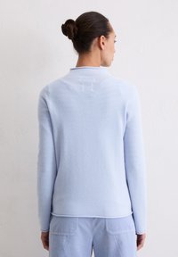 Hellblauer Pullover mit langen Ärmeln und einfacher, glatter Textur. Verfügt über ein dezentes V-förmiges Rückendetail und einen abgerundeten Halsausschnitt.