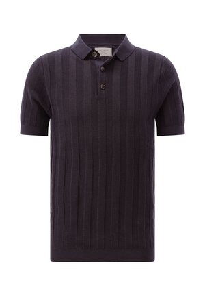 Dark navy short-sleeve polo shirt with textured vertical stripes and a three-button placket.