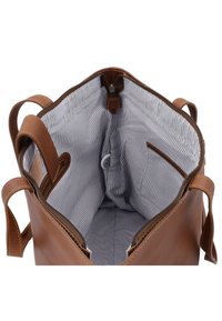 Braune Leder-Shopper-Tasche mit gestreiftem Stofffutter, Reißverschluss, Innentasche und zwei Griffen.