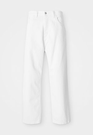 White denim pants with a straight leg design, featuring a front button and zipper closure, five pockets, and a clean, textured finish.