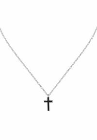 Collana in argento con pendente a croce nera. La catena ha maglie piccole; la croce ha una finitura lucida con bordi arrotondati.