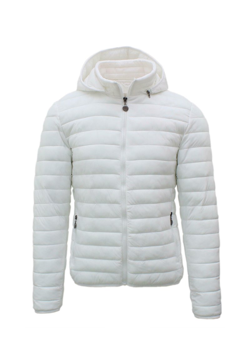 Giacca bianca imbottita con cappuccio, caratterizzata da una chiusura con zip, tasche laterali e texture trapuntata. Tessuto liscio e design aderente.