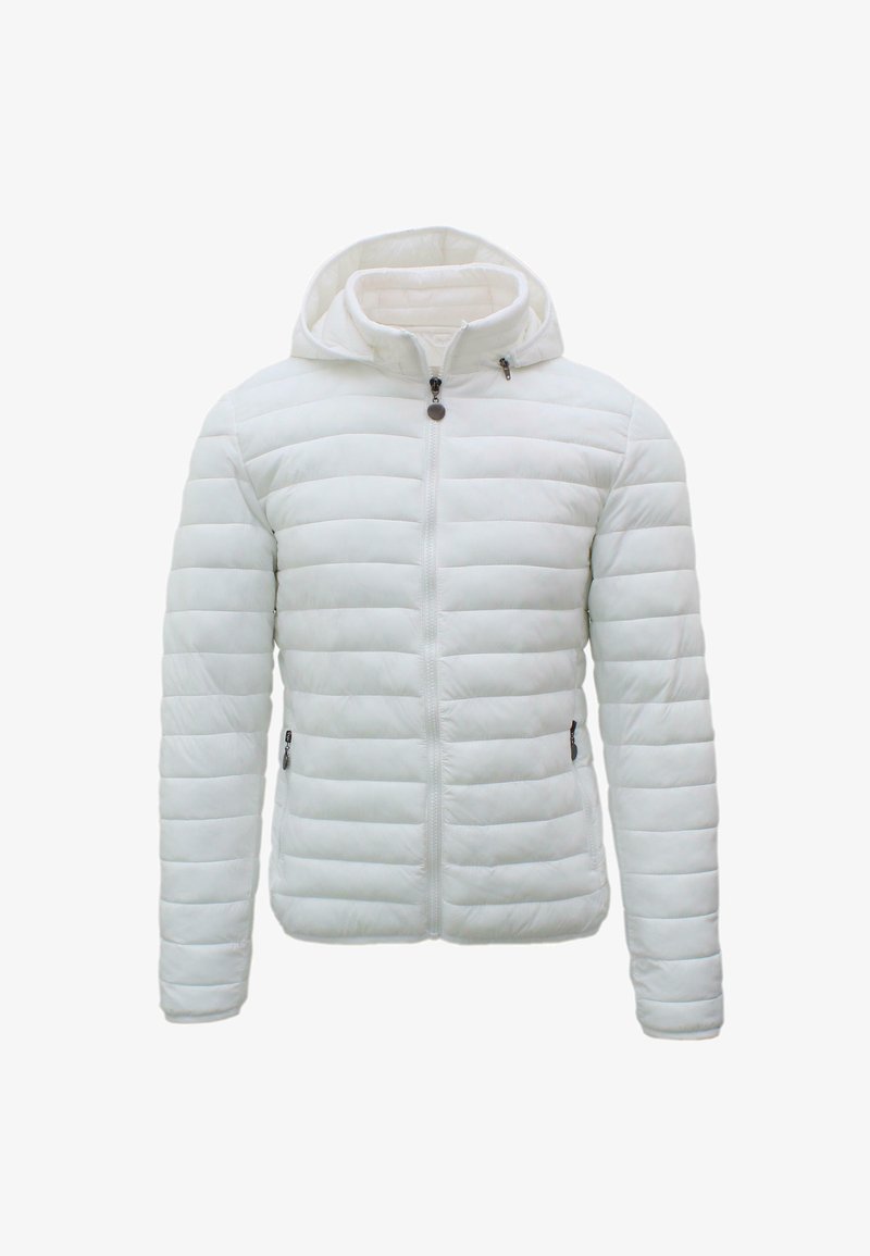 Giacca bianca imbottita con cappuccio, caratterizzata da una chiusura con zip, tasche laterali e texture trapuntata. Tessuto liscio e design aderente.