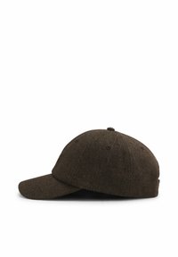 Brown herringbone cap with a curved visor and textured fabric. Six-panel design with stitched accents and ventilation eyelets for breathability.