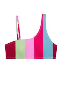 Top bikini colorato con strisce verticali in rosso, rosa, verde e blu. Presenta un design a spalla unica e una texture liscia e setosa.