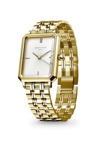 Reloj rectangular de tono dorado con un dial texturizado blanco, manecillas plateadas y una pulsera de eslabones de acero inoxidable. Cuenta con un diseño de bisel octagonal.