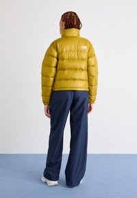 Rumena puhovka z visokim ovratnikom, horizontalno prešita zasnova, v kombinaciji s temno modrimi širokimi hlačami. Bela logo na hrbtni strani puhovke.