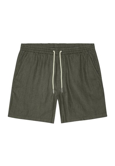 Pantaloni corti in chambray verde con elastico in vita, cordoncino regolabile e tasche laterali. Tessuto morbido con vestibilità rilassata.