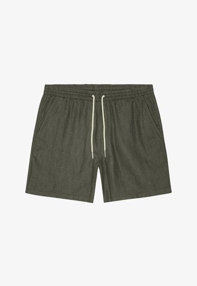 Pantaloni corti in chambray verde con elastico in vita, cordoncino regolabile e tasche laterali. Tessuto morbido con vestibilità rilassata.