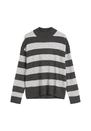 Grey and light grey striped sweater with round neck, long sleeves, and ribbed hem. Soft texture, relaxed fit, and bold pattern.