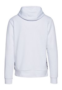 Felpa bianca con cappuccio e maniche lunghe. Presenta pannelli laterali con un motivo geometrico. Tessuto in cotone misto morbido con polsini a coste.
