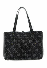 Czarna torba na ramię o teksturowanym wykończeniu, z powtarzającym się wzorem logo w jasnoszarym kolorze, podwójnymi długimi uchwytami oraz złotymi akcentami metalowymi.