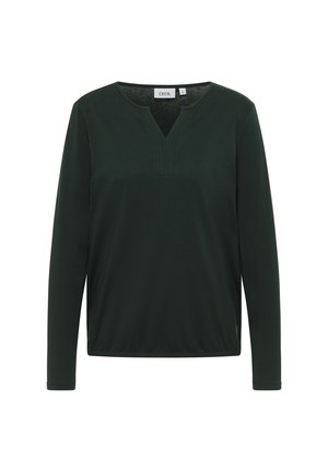 Ciemnozielony top z długim rękawem ma dekolt w kształcie litery V z ozdobnym przeszyciem. Wykonany z miękkiej tkaniny, ma luźny krój i nie ma żadnych dodatków.