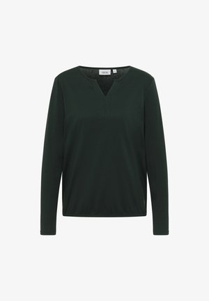 Maglietta a maniche lunghe di un verde scuro con scollo a V e cuciture dettagliate. Realizzata in tessuto morbido, ha una vestibilità comoda e senza decorazioni.