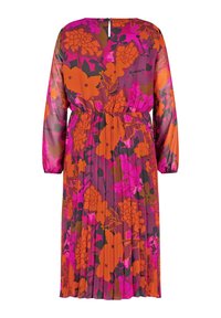 Robe imprimée florale à manches longues, avec des nuances vibrantes de rose, orange et violet. Design plissé, texture lisse et fermeture au dos.