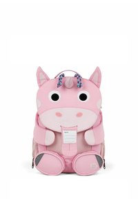 Pink children's backpack designed as a unicorn with ears, eyes, horn, front name tag, and side mesh pockets.