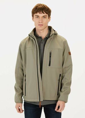 Leichte, olivgrüne Jacke mit abnehmbarer Kapuze, Reißverschlusstaschen und elastischen Bündchen. Besitzt ein schwarzes Logo und einen akzentuierenden Teil aus beige gefärbtem Leder.