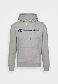 Felpa grigia realizzata in tessuto morbido, con tasca a marsupio frontale, coulisse bianche e logo "Champion" ricamato in blu navy.