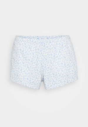 Jasnoniebieskie szorty w kwiaty z elastycznym pasem, charakteryzujące się miękką teksturą i subtelnym nadrukiem małych kwiatów na całej powierzchni.