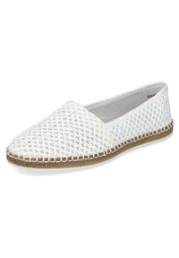 Chaussures blanches tissées à enfiler avec une tige texturée, un bord élastique et une semelle en jute tressée marron. Bout arrondi et intérieur perforé.