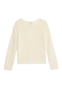 Gebreide trui, crèmekleur, loose fit, ronde halslijn, gestructureerd patroon, lange mouwen, zachte stof, klassiek ontwerp.