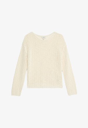 Strickpullover, crèmefarben, lockere Passform, Rundhalsausschnitt, strukturierte Muster, lange Ärmel, weiches Material, klassisches Design.