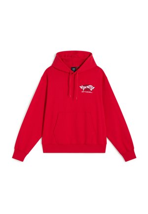 Rotes Kapuzensweatshirt mit Fronttasche und Vans-Logo mit dem Text "Off The Wall" auf der Brust.