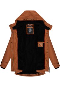 Brown outer jacket with a soft black fleece interior, red lining accents, and transparent label. Features a hood and front zipper.