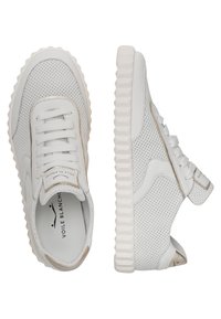 White mesh sneakers with textured leather accents. Rounded toe, flat laces, and rubber outsole with zigzag pattern. Brand tag on tongue.